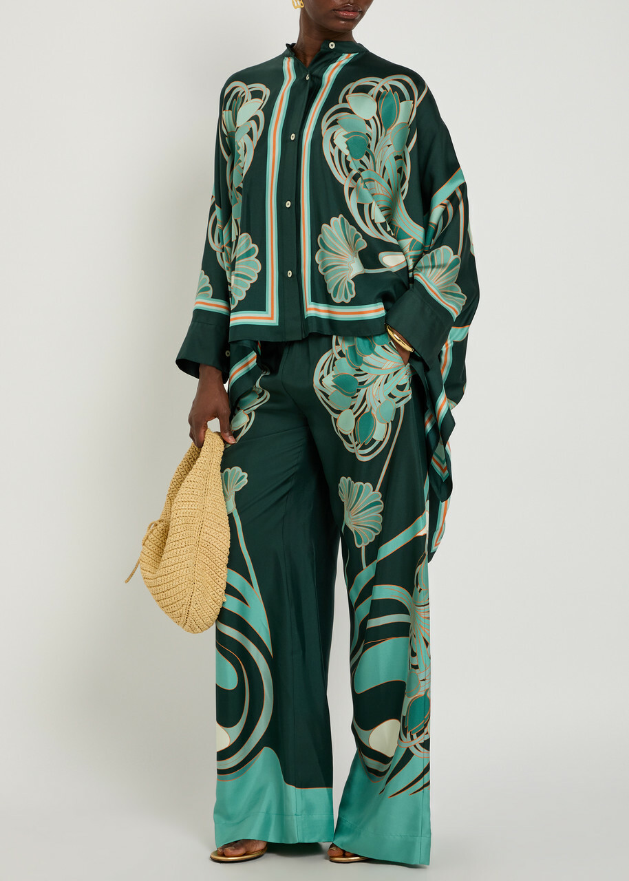 LA Double J Printed Silk-twill Palazzo Trousers Black