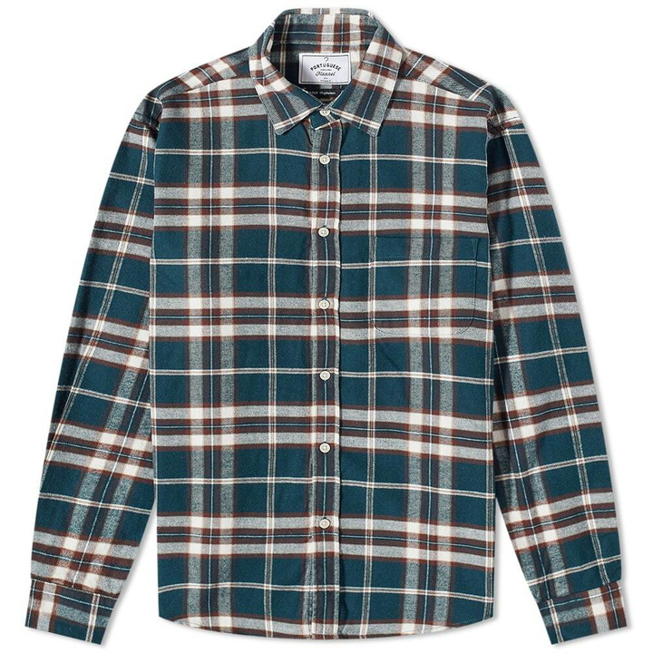 Photo: Portuguese Flannel Men's Smooth Check Flannel Shirt in Green/Ecru/Brown