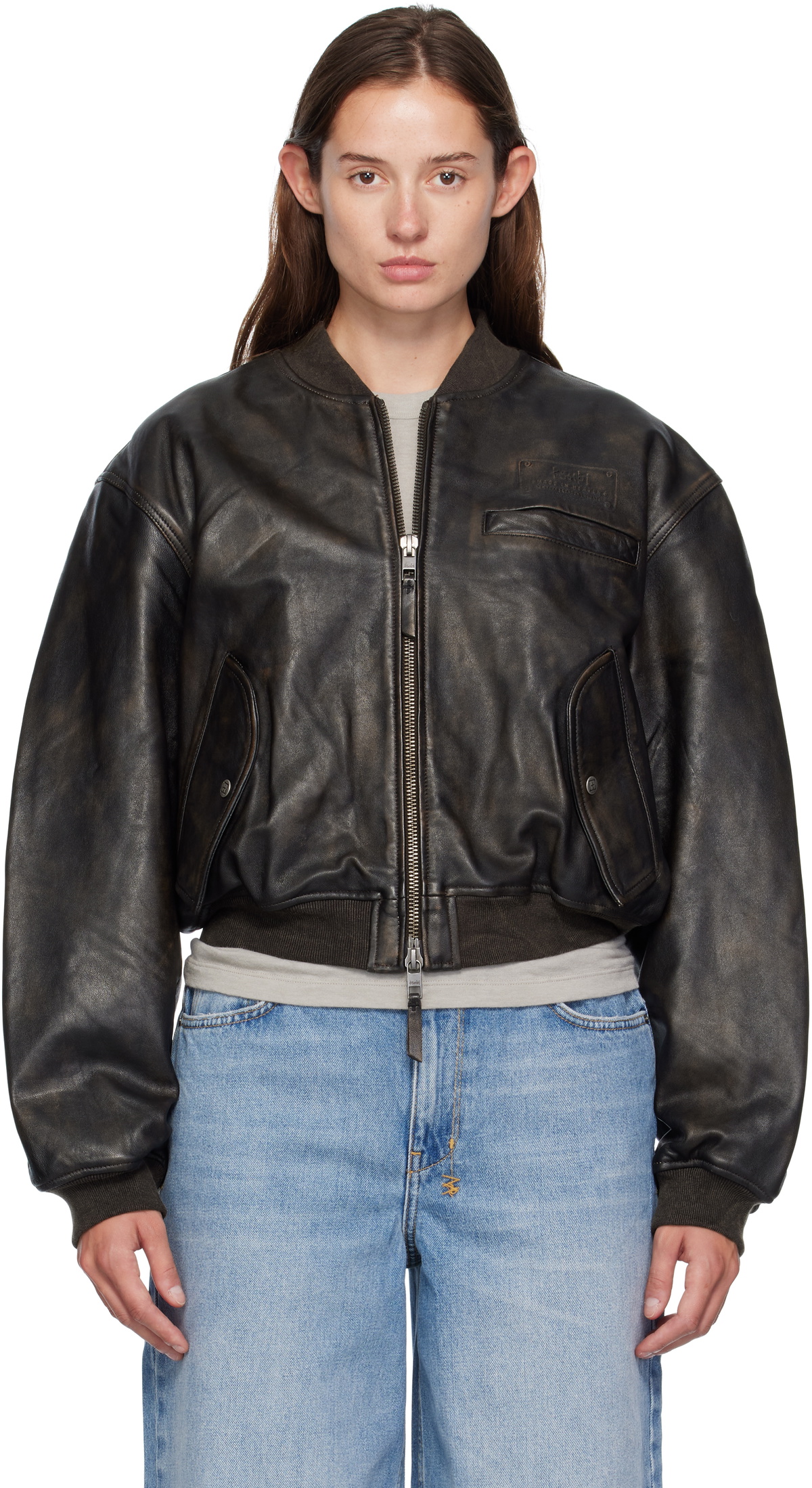 Ksubi Black Alpha Crop Leather Bomber Jacket