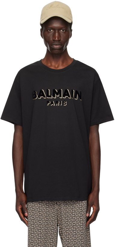 Photo: Balmain Black Metallic Flocked 'Balmain' T-Shirt