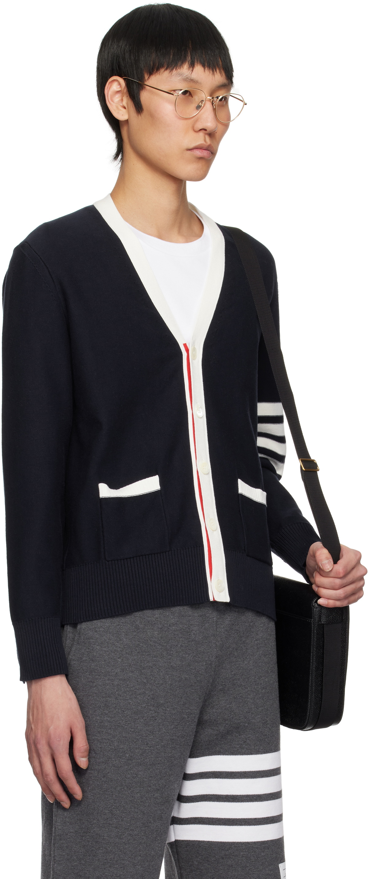 Thom Browne Navy Cotton 4-Bar Relaxed Fit Hector V Neck Cardigan
