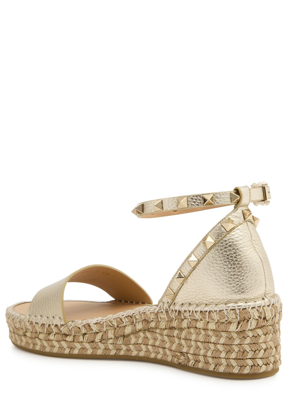 Valentino Rockstud 50 Metallic Leather Wedge Espadrilles Gold