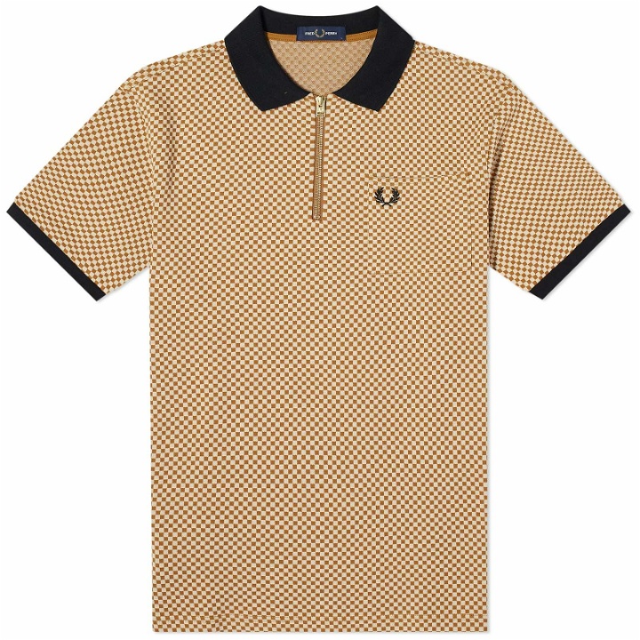 Photo: Fred Perry Men's Micro Chequerboard Polo Shirt in Oatmeal/Dark Caramel
