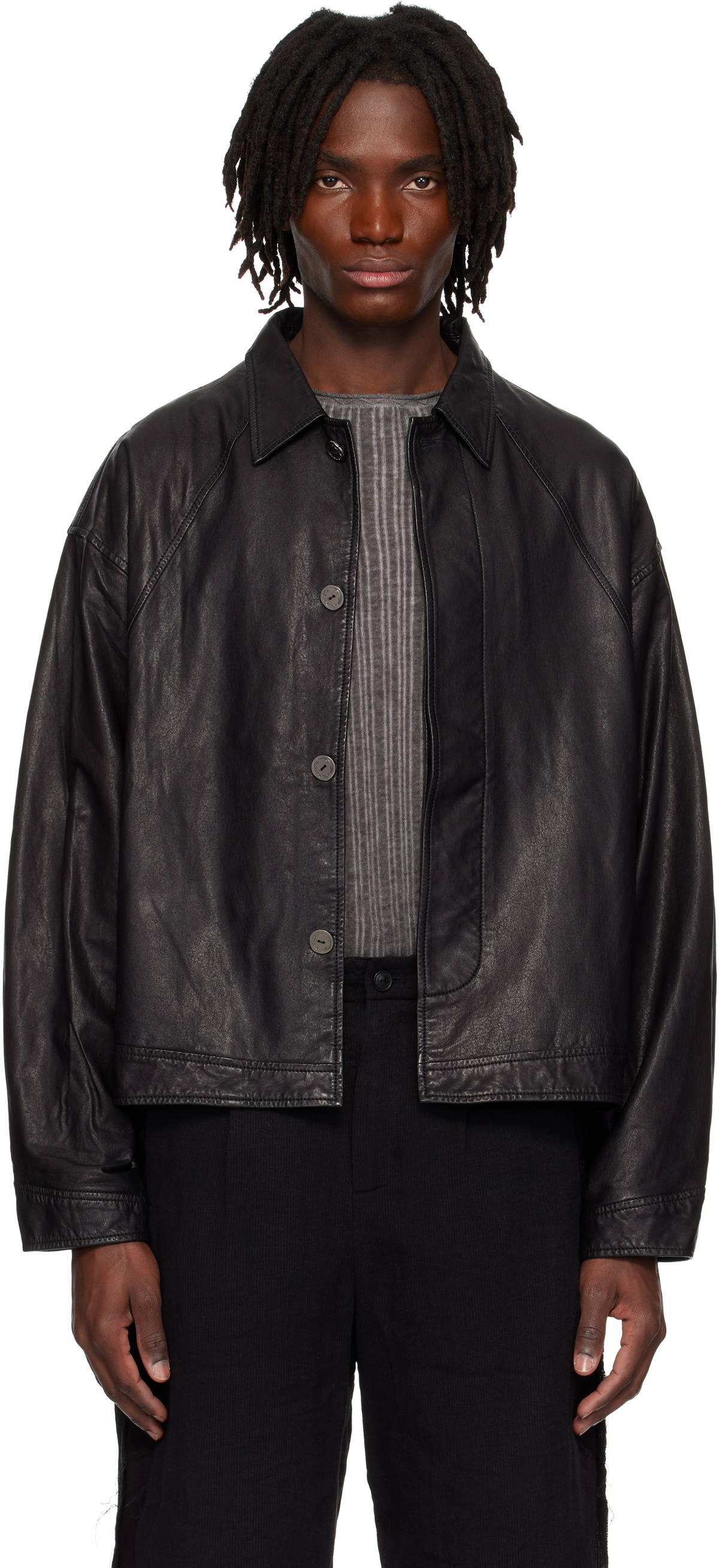 Professor.E Black E Cropped Washed Leather Jacket Professor.E