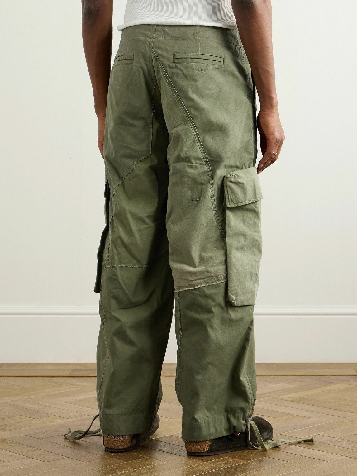 Greg Lauren - Wide-Leg Patchwork Cotton-Canvas Drawstring Cargo Trousers - Green