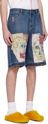 KidSuper Blue Boy & Girl Doodles Patchwork Denim Shorts