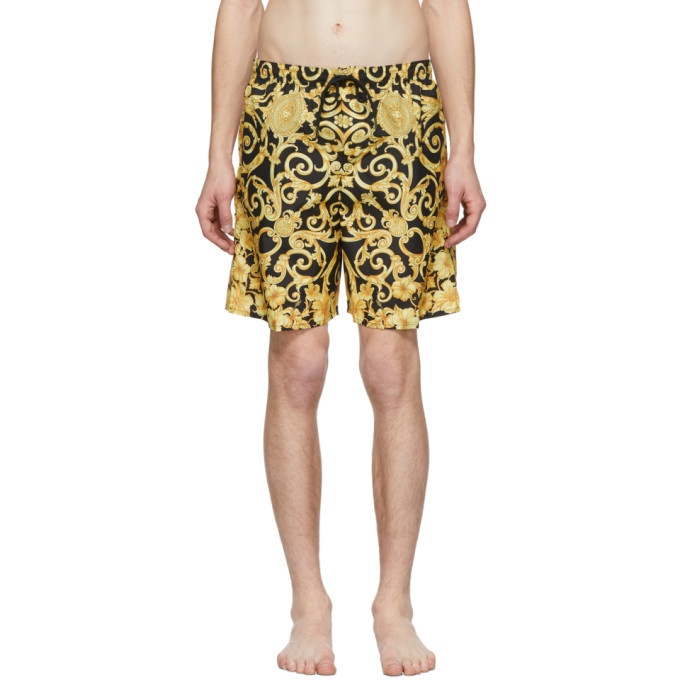 Photo: Versace Underwear Black and Gold Barocco Print Swim Shorts