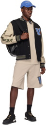 Versace Jeans Couture Black & Beige Patch Faux-Leather Bomber Jacket
