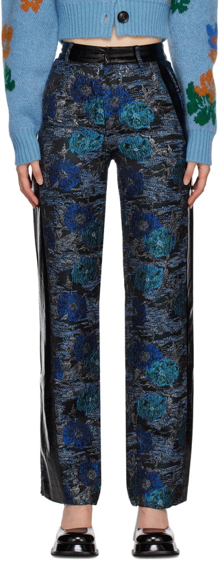 Photo: SHUTING QIU Black & Blue Jacquard Faux-Leather Pants