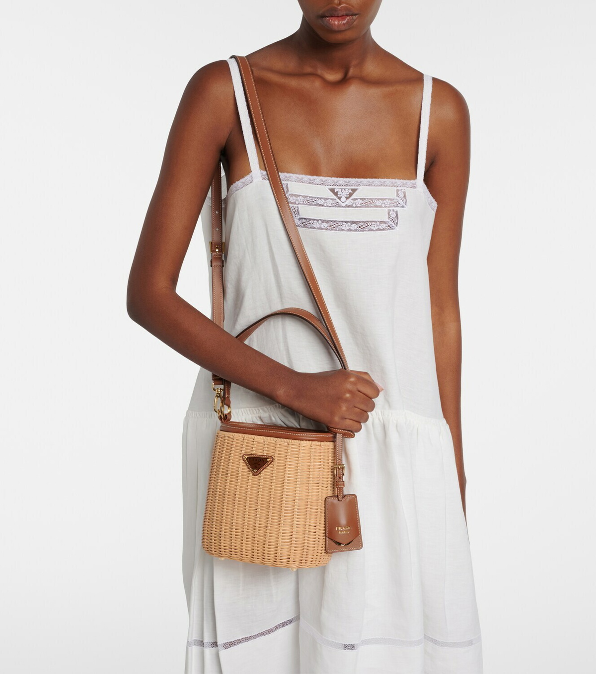 Prada Leather-trimmed wicker bucket bag