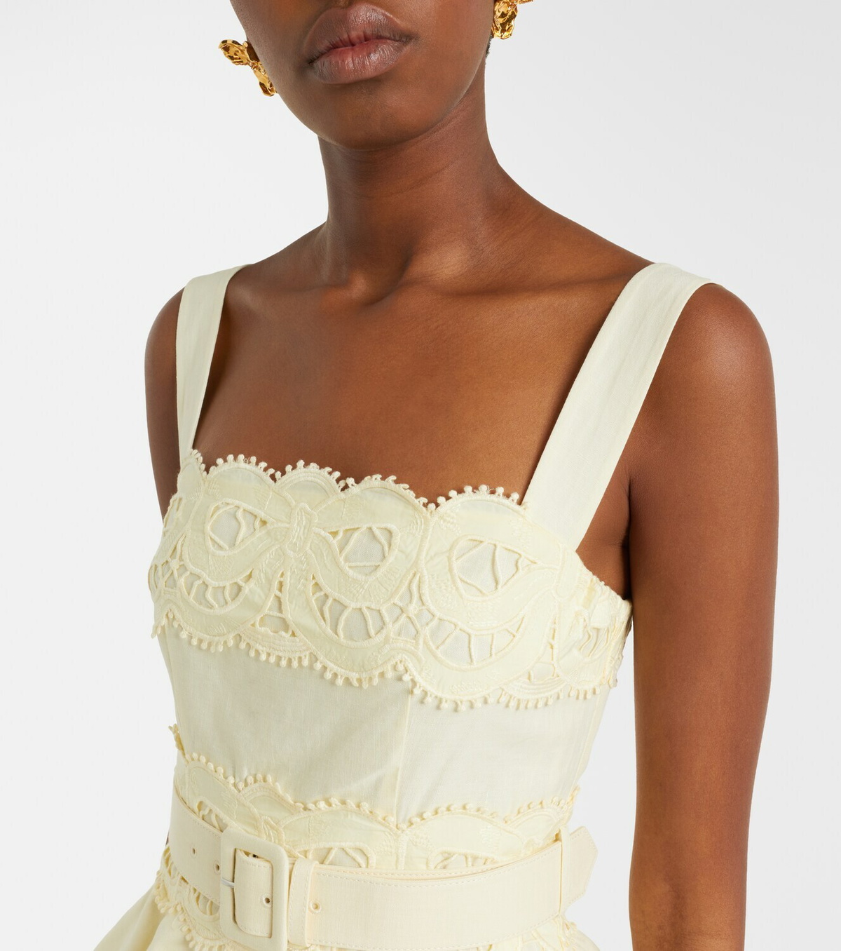 Self-Portrait Belted crochet-trimmed linen and cotton midi dress