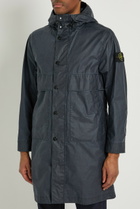 Stone Island Long Logo Waxed Cotton Canvas Coat Navy