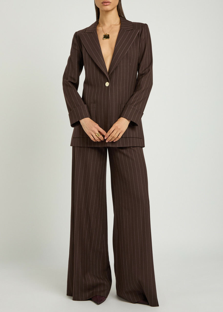 Alice + Olivia Burns Pinstriped Twill Blazer Dark Brown