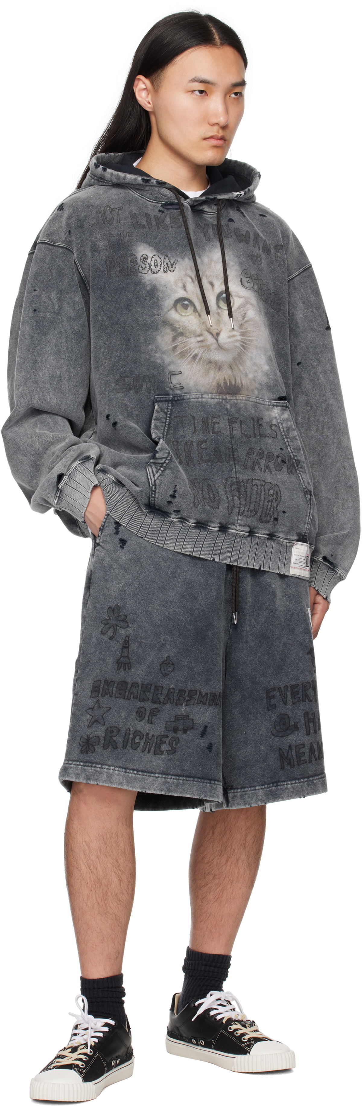 Maison MIHARA YASUHIRO Black Bleached Graffiti Print Sweat Shorts