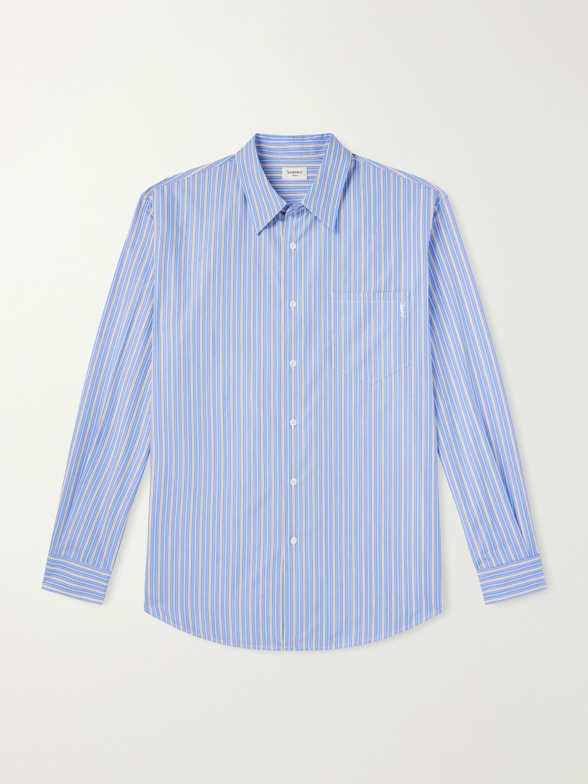 SAINT LAURENT - Logo-Embroidered Striped Cotton-Poplin Shirt - Blue