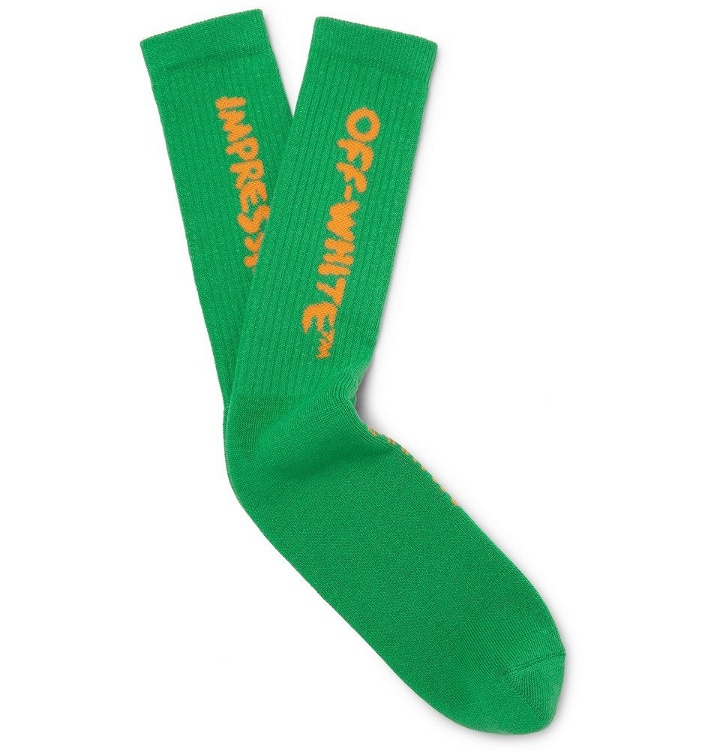 Photo: Off-White - Logo-Intarsia Stretch Cotton-Blend Socks - Men - Green