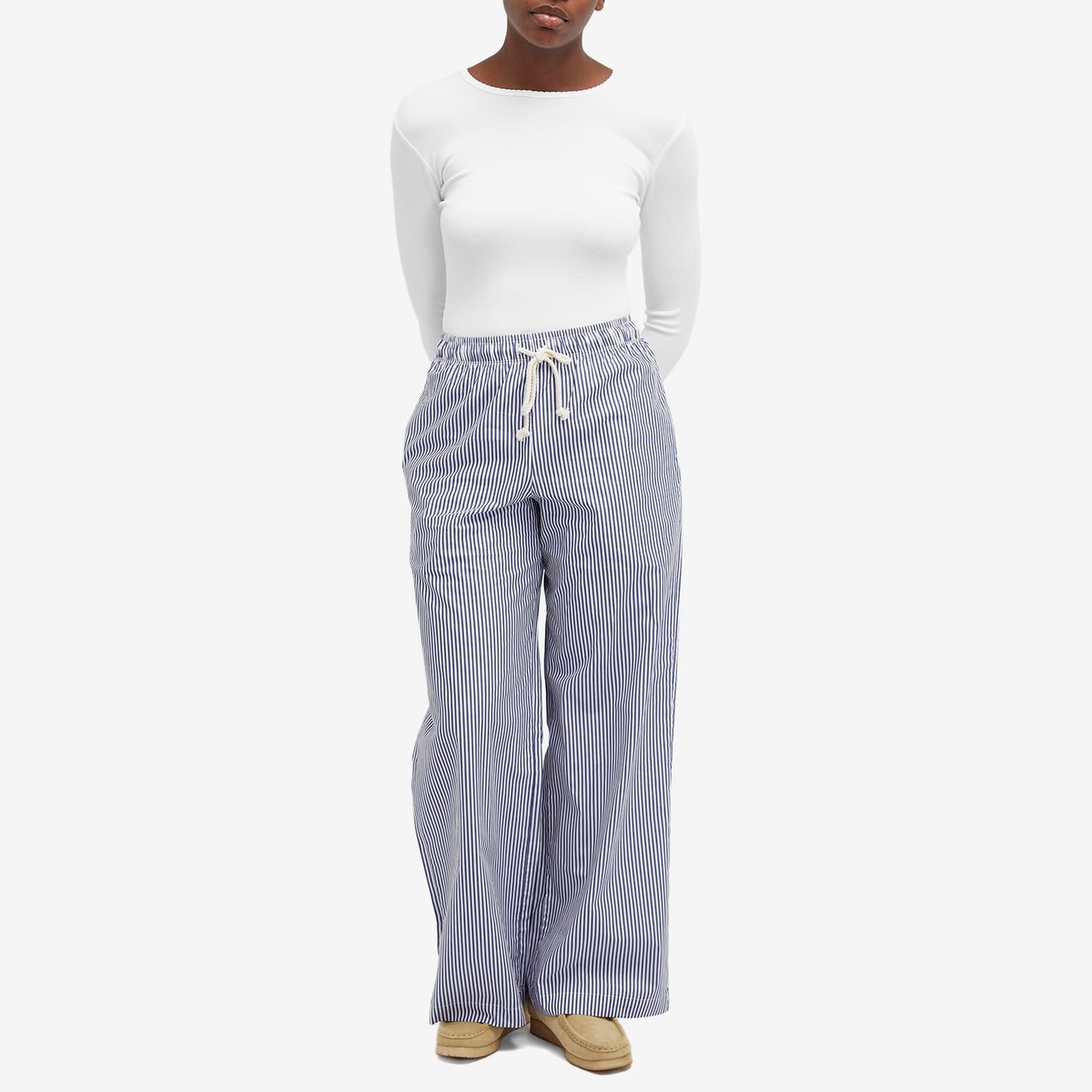 DONNI. Women's Baby Rib Scallop Long Sleeve Top in Powder