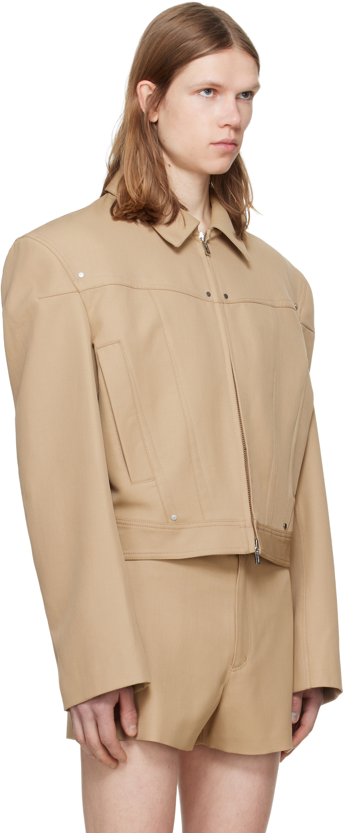 LGN Louis Gabriel Nouchi Beige Shoulder Padding Wool Zipped Jacket