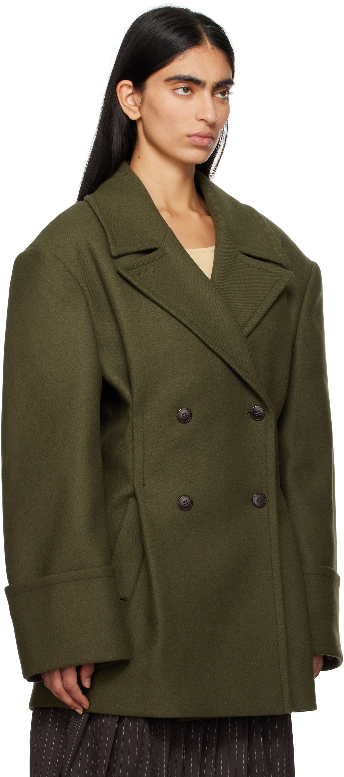 REMAIN Birger Christensen Green Pleats Peacoat
