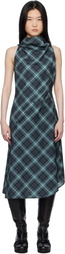 Pushbutton Blue Halter Sleeveless Midi Dress