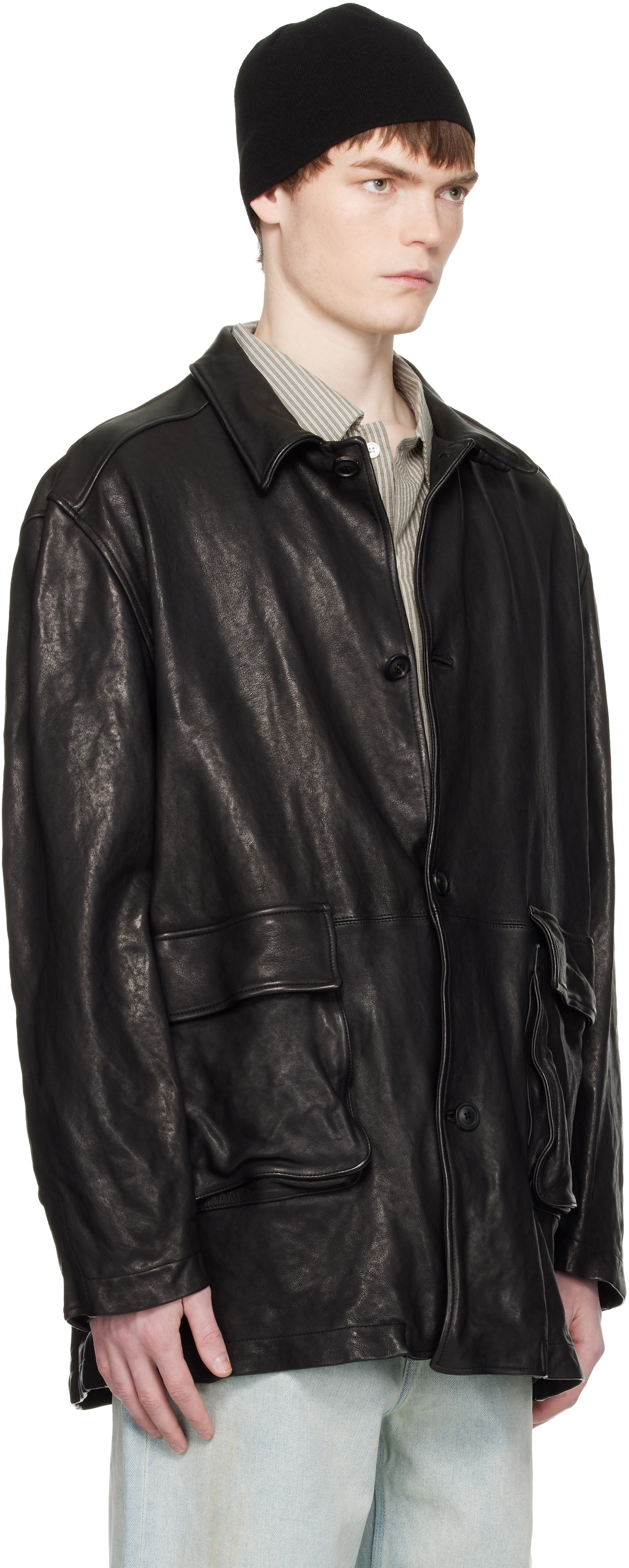 COOR Black Washed Lambskin Leather Car Coat