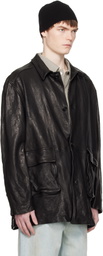 COOR Black Washed Lambskin Leather Car Coat