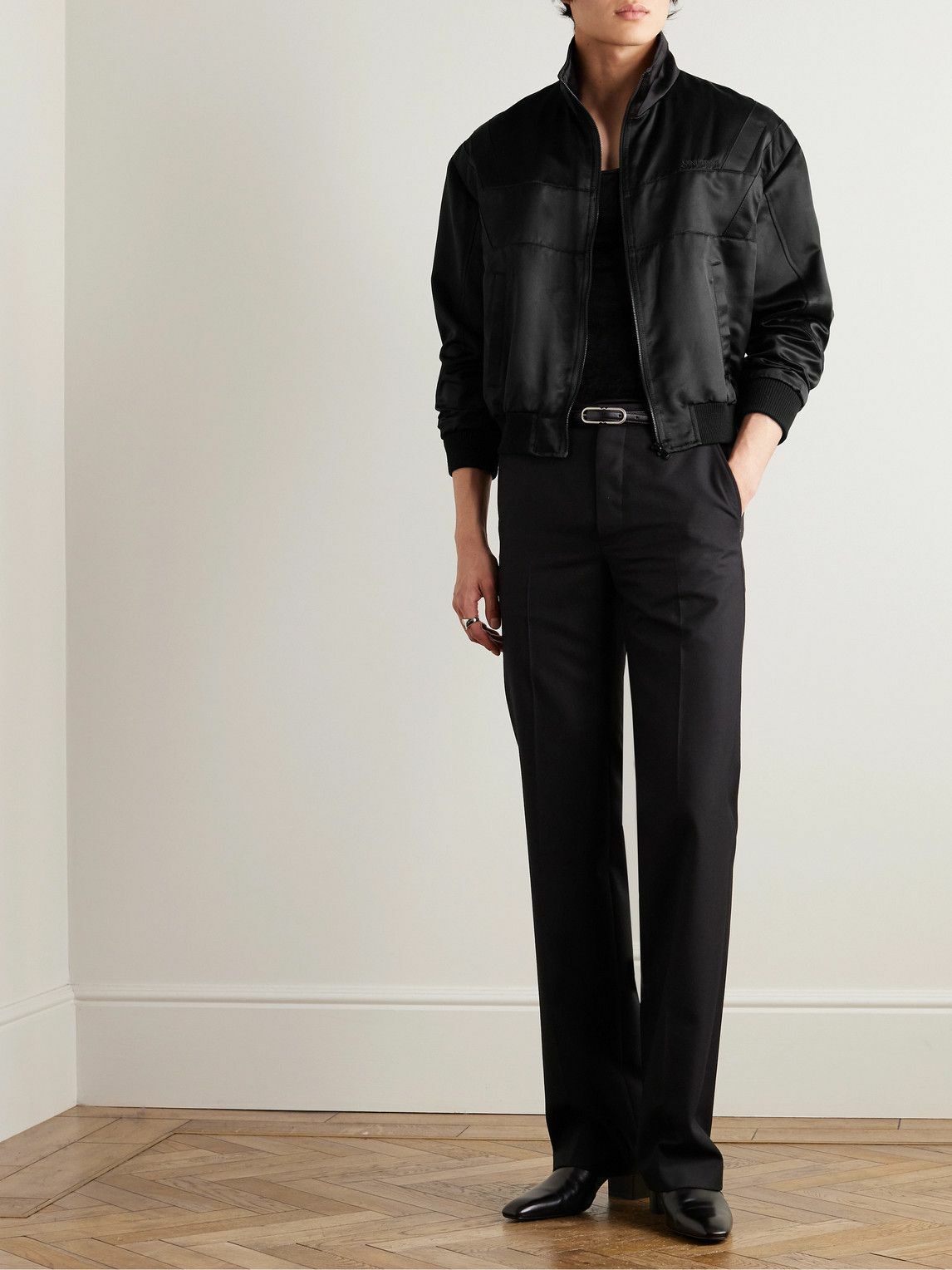 SAINT LAURENT - Teddy Logo-Embroidered Panelled Satin Bomber