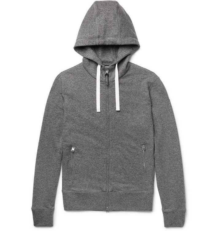 Photo: TOM FORD - Leather-Trimmed Mélange Cashmere and Cotton-Blend Zip-Up Hoodie - Men - Gray