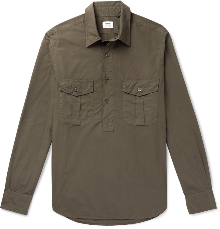 Photo: Aspesi - Garment-Dyed Cotton-Poplin Half-Placket Shirt - Green