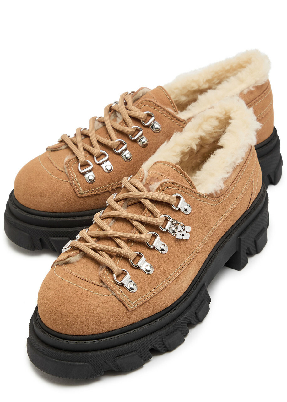 Ganni Faux Shearling-trimmed Suede Derby Shoes Tan