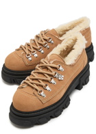 Ganni Faux Shearling-trimmed Suede Derby Shoes Tan