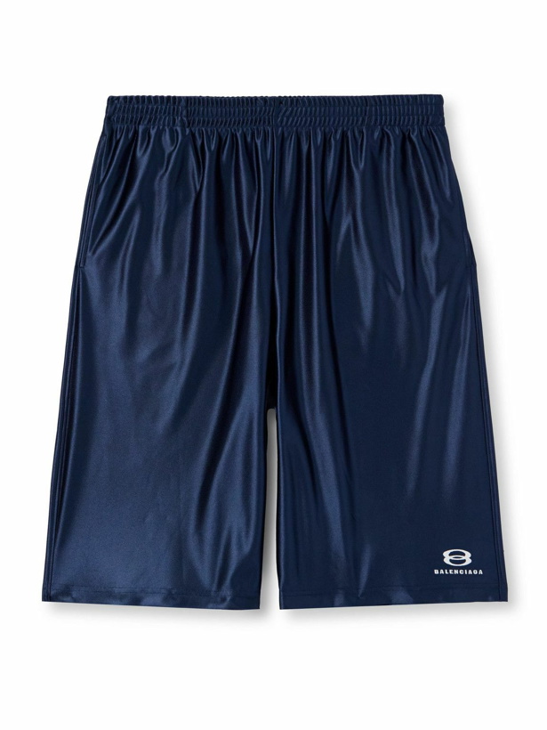 Photo: Balenciaga - Wide-Leg Logo-Embroidered Satin-Twill Shorts - Blue
