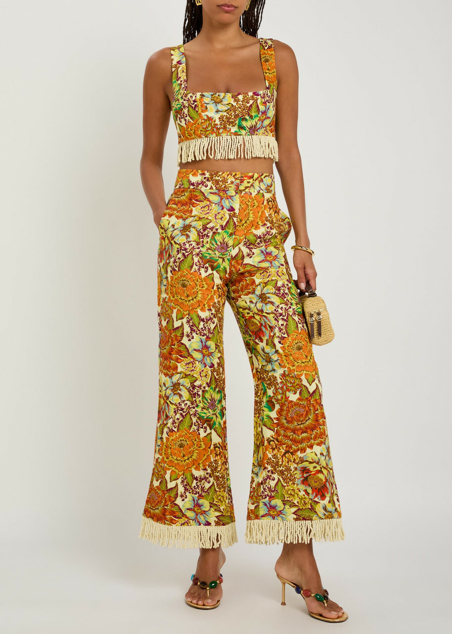 Alemais Lana Floral-print Fringed Linen Trousers Multicoloured