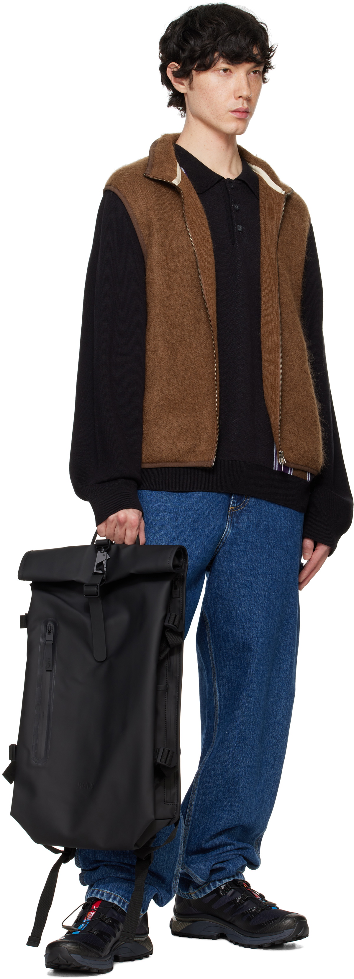 RAINS Black Rolltop Large Rucksack