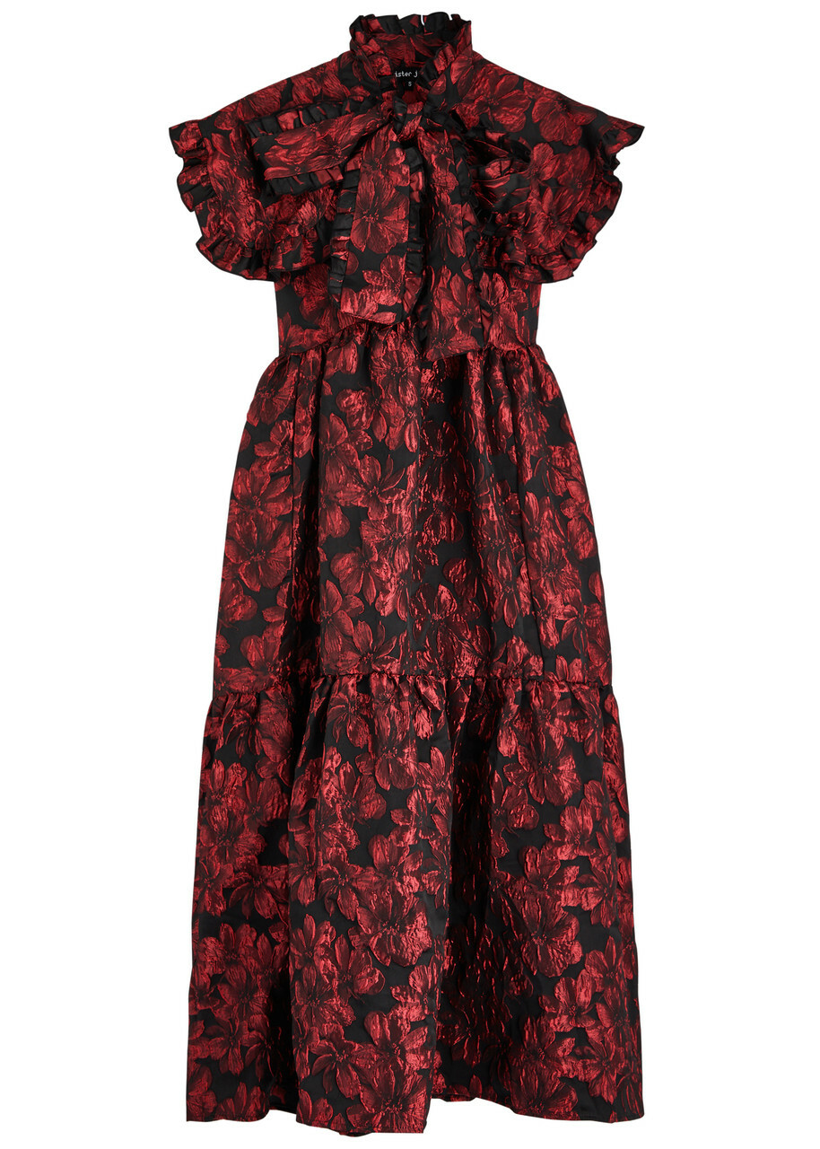【英国発Sister Jane】Fantasy floral-jacquard satin dress Sister Jane Fantasy Floral-jacquard Satin Midi Dress Red