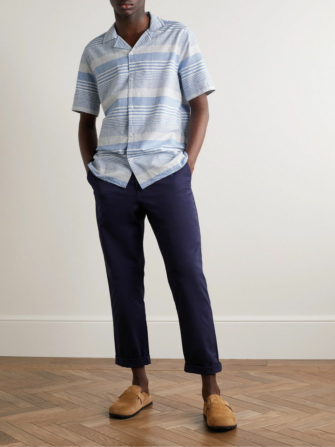 Armor Lux - Camp-Collar Striped Cotton and Linen-Blend Shirt - Blue ...