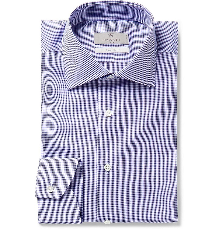 Photo: Canali - Slim-Fit Cutaway-Collar Gingham Cotton-Poplin Shirt - Blue