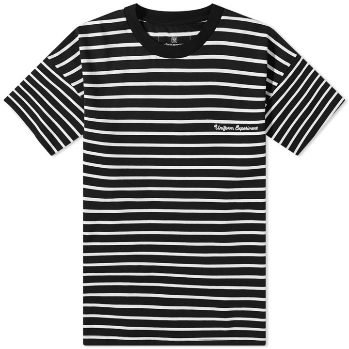 Photo: Uniform Experiment Men's Embroidery Logo Stripe T-Shirt in Black/White