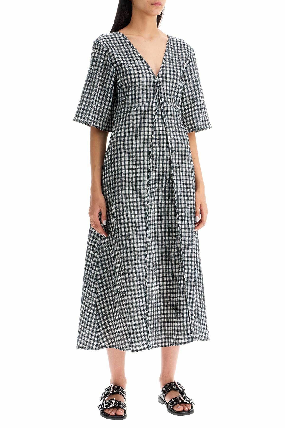 ganni seersucker check midi dress Seersucker Check Gathered U-Neck Midi Dress in Lagoon