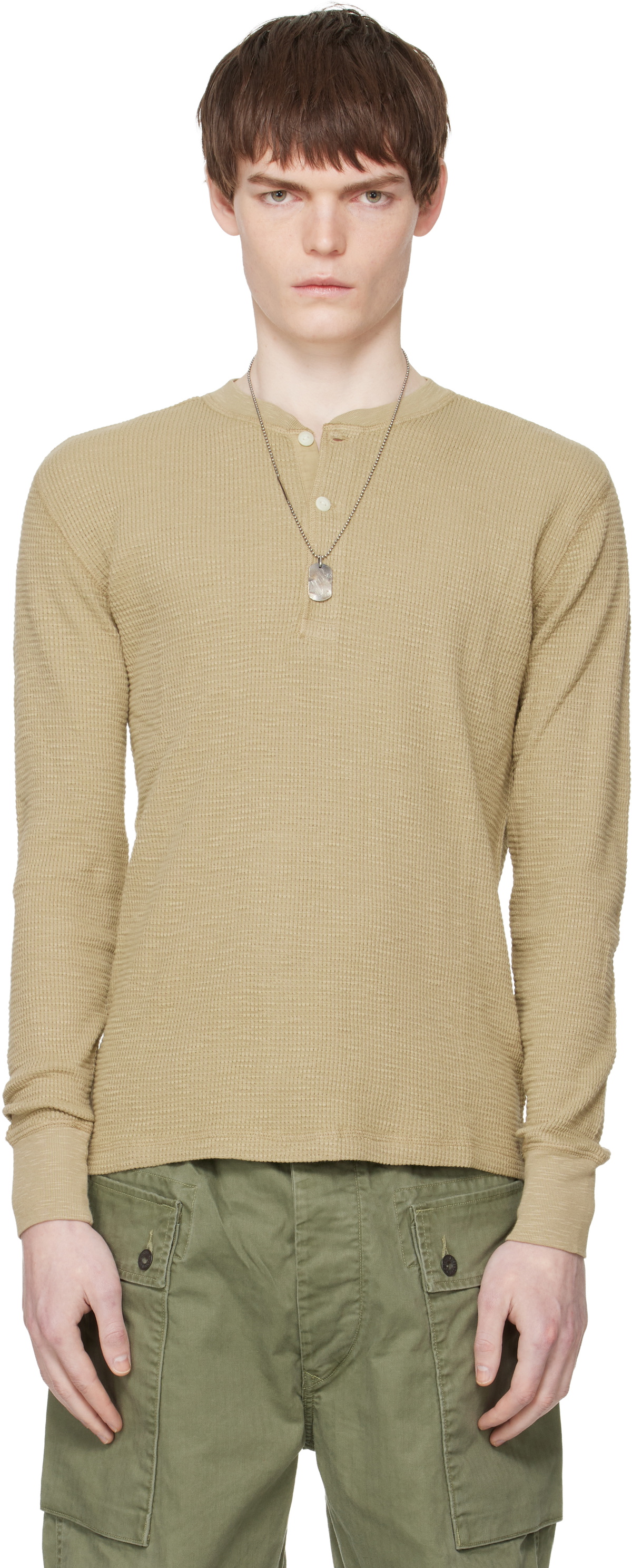 RRL Beige Garment-Dyed Waffle-Knit Henley