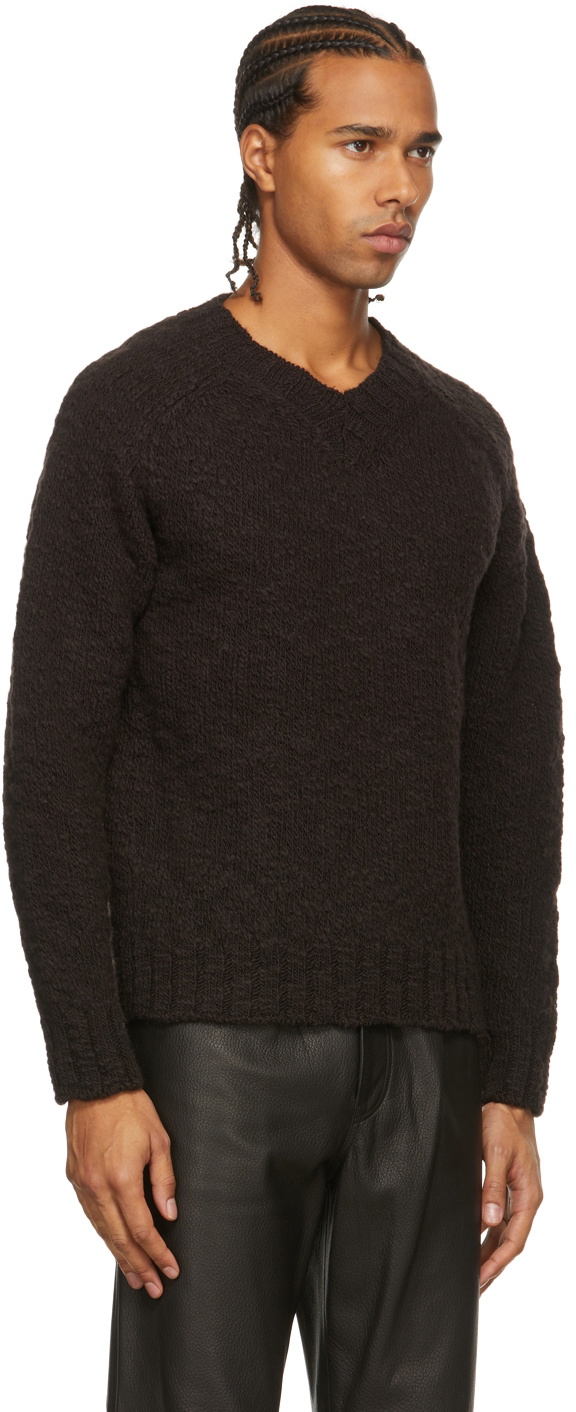 AURALEE Brown Slub Wool V-Neck Sweater Auralee
