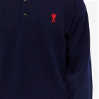 AMI Men's Heart Long Sleeve Knitted Polo Shirt in Nautic Blue