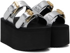 Moschino Silver Lettering Logo Laminated Wedge Sandals
