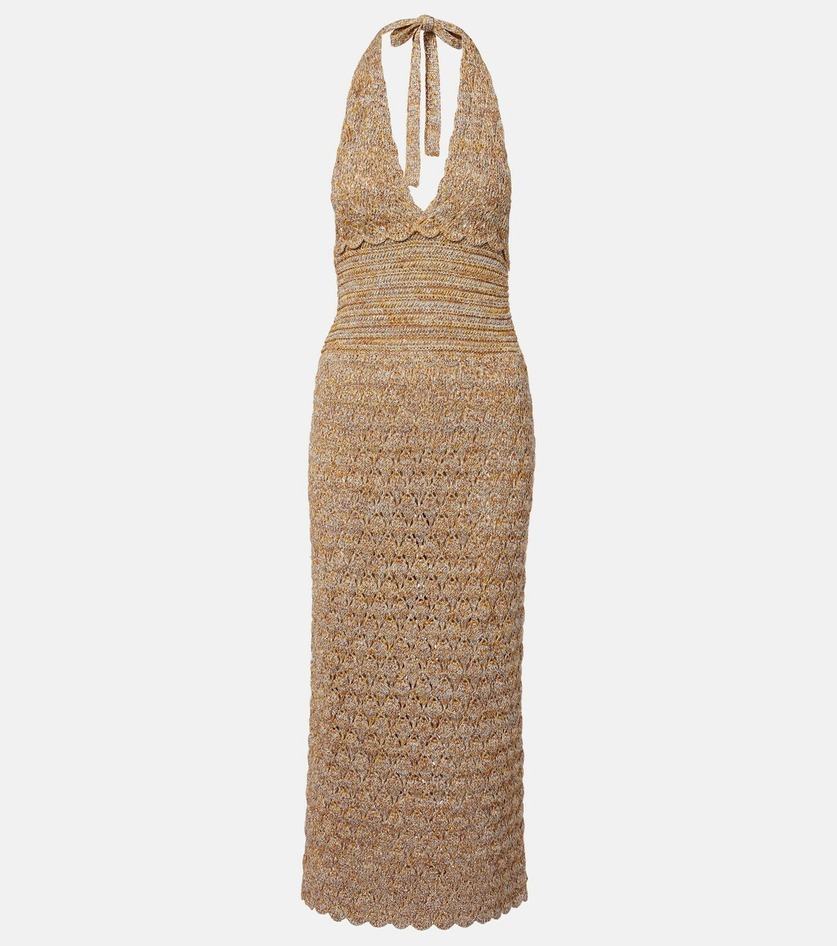 Valentino Open-knit linen-blend lamé midi dress