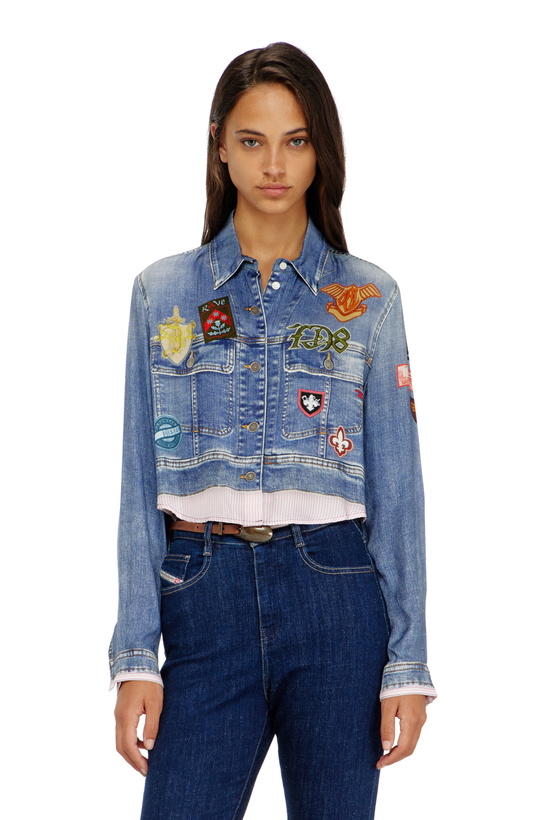 Photo: Diesel Cropped satin shirt with trompe-l'oeil denim print - Shirts - Woman -