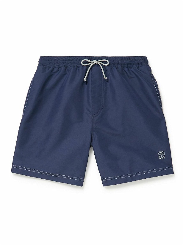 Photo: Brunello Cucinelli - Long-Length Logo-Embroidered Swim Shorts - Blue