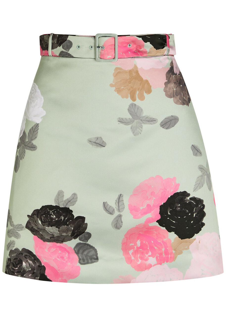 Bernadette Eva Belted Floral-print Satin Skirt Green