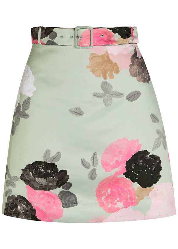 Photo: Bernadette Eva Belted Floral-print Satin Skirt Green