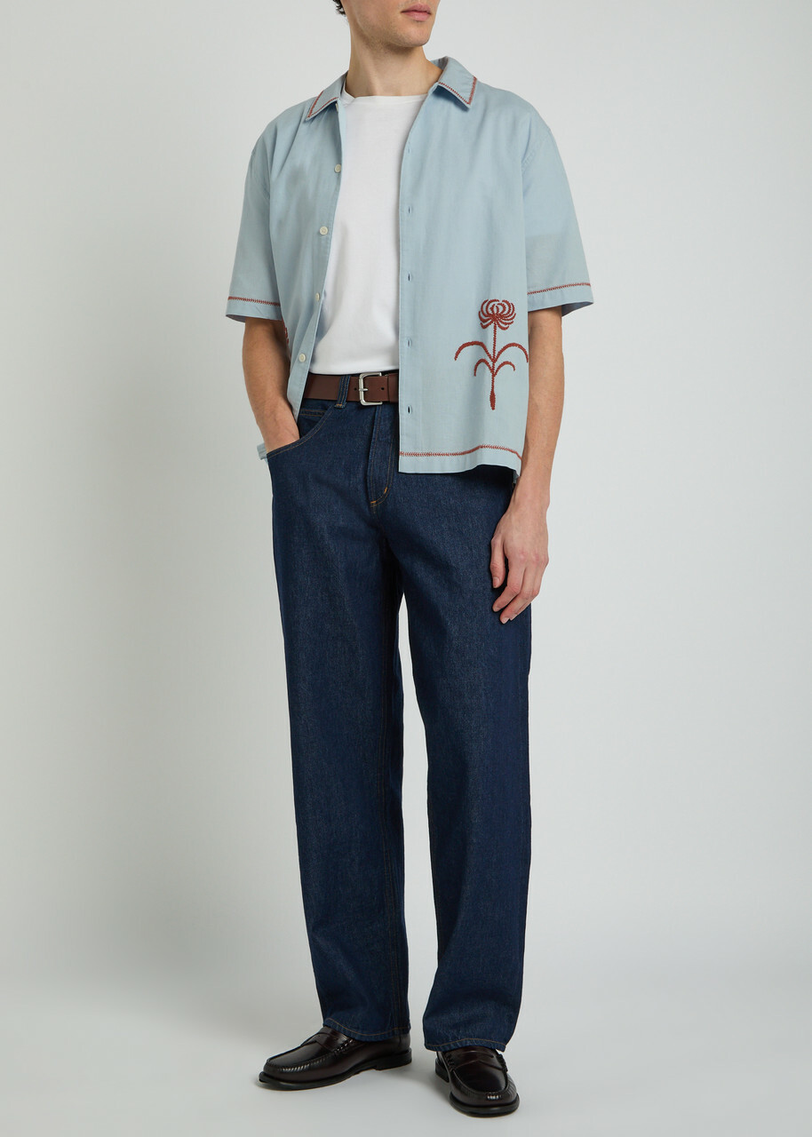 Wax London Keats Embroidered Cotton and Linen-blend Shirt Blue