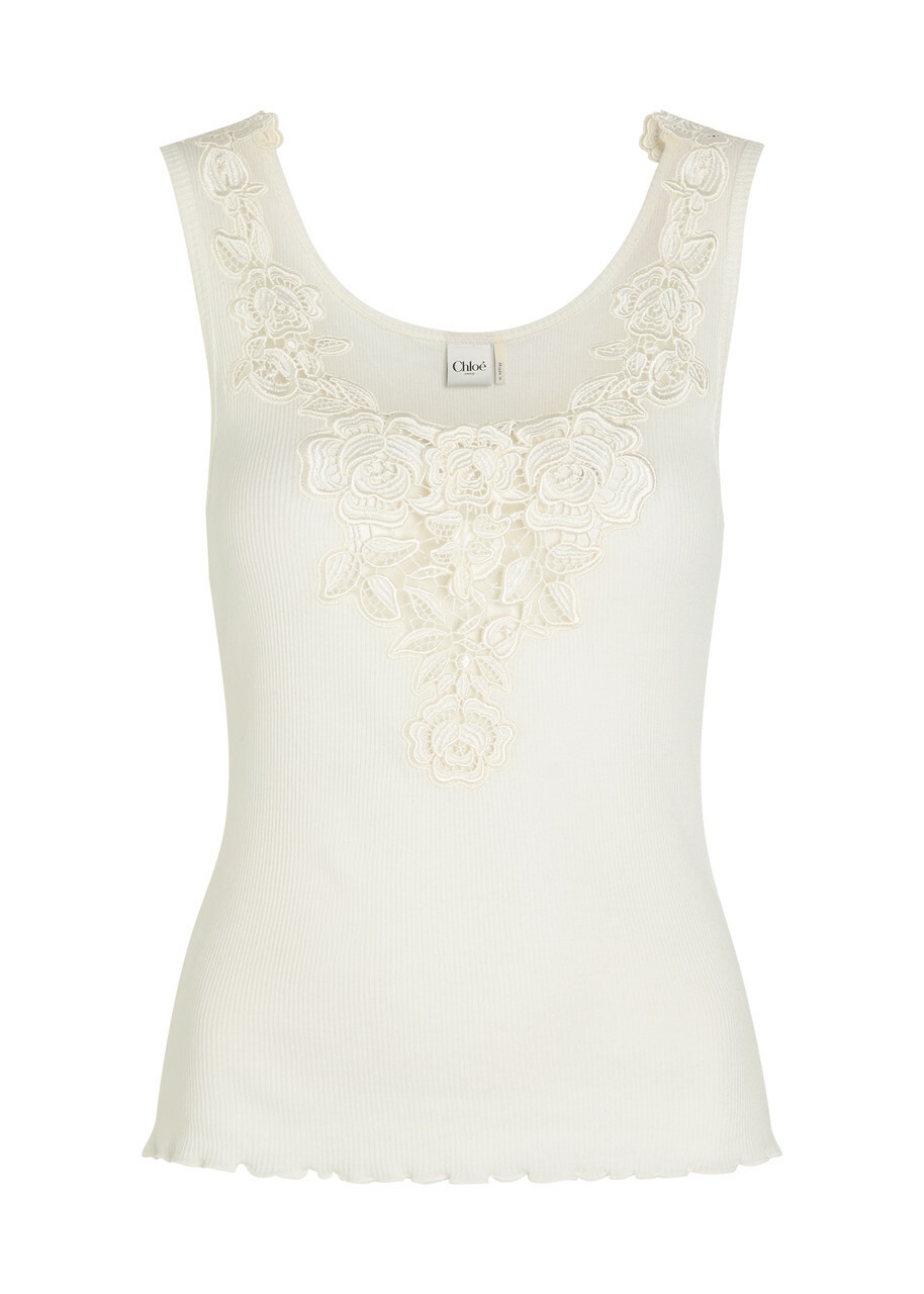 Chloe Guipure Lace-trimmed Ribbed Cotton Tank White Chloe